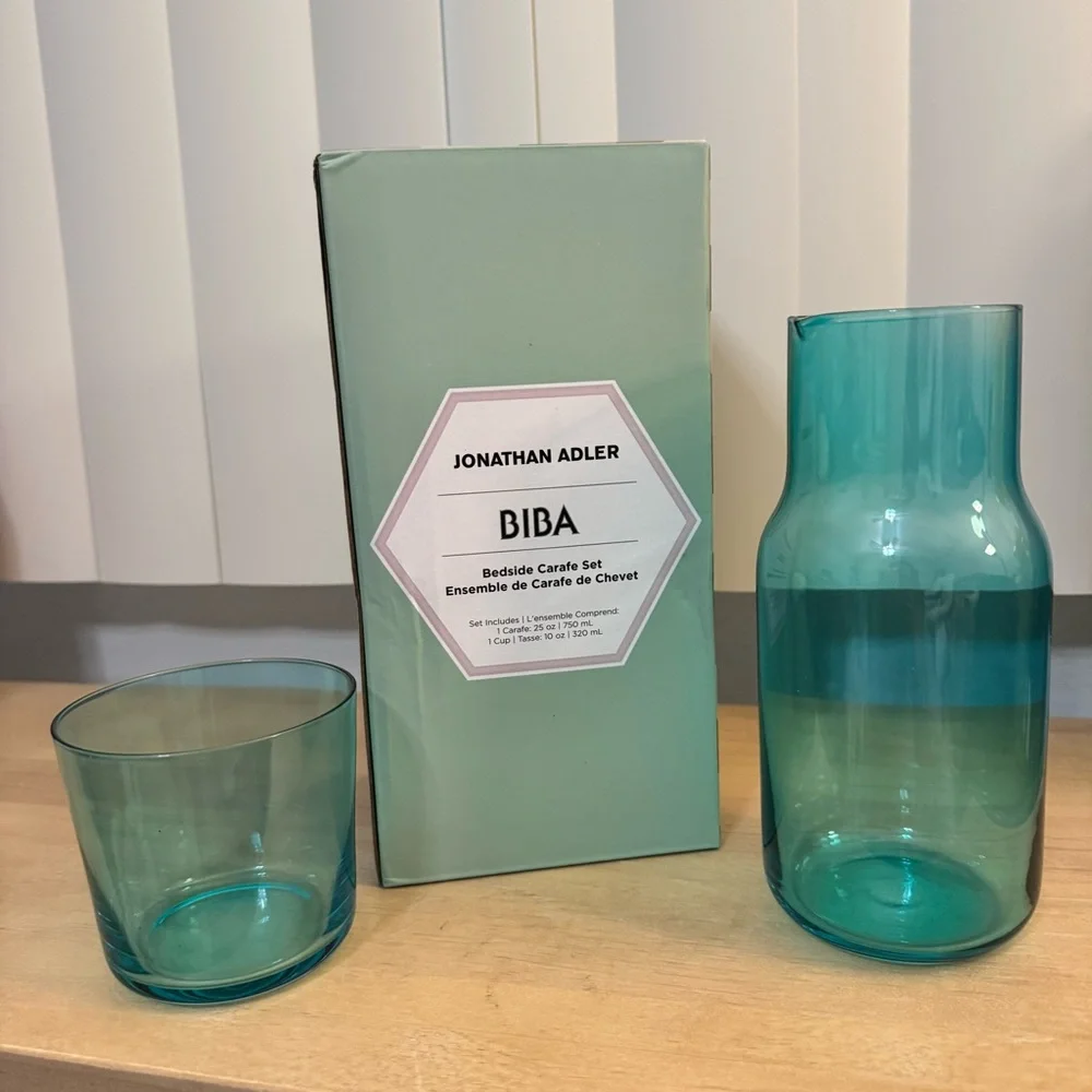 Jonathan Adler Turquoise Glass Bedside Carafe Set - Brand New